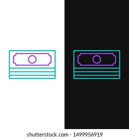 Green and purple line Stacks paper money cash icon isolated on white and black background. Money banknotes stacks. Bill currency.   Vector Illustration