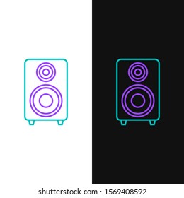 Green and purple line Stereo speaker icon isolated on white and black background. Sound system speakers. Music icon. Musical column speaker bass equipment.  Vector Illustration