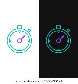 Green and purple line Stopwatch icon isolated on white and black background. Time timer sign. Chronometer sign.  Vector Illustration