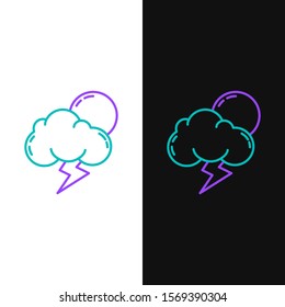 Green and purple line Storm icon isolated on white and black background. Cloud with lightning and sun sign. Weather icon of storm.  Vector Illustration