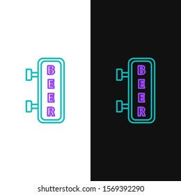 Green and purple line Street signboard with inscription Beer icon isolated on white and black background. Suitable for advertisements bar, cafe, pub, restaurant.  Vector Illustration