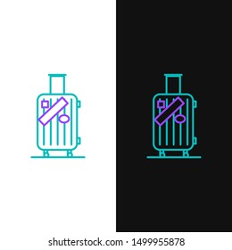 Green and purple line Suitcase for travel and stickers icon isolated on white and black background. Traveling baggage sign. Travel luggage icon.  Vector Illustration