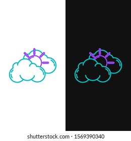 Green and purple line Sun and cloud weather icon isolated on white and black background.  Vector Illustration