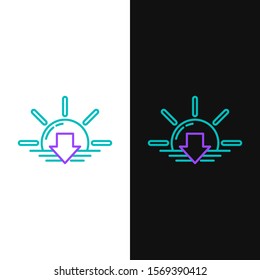 Green and purple line Sunset icon isolated on white and black background.  Vector Illustration