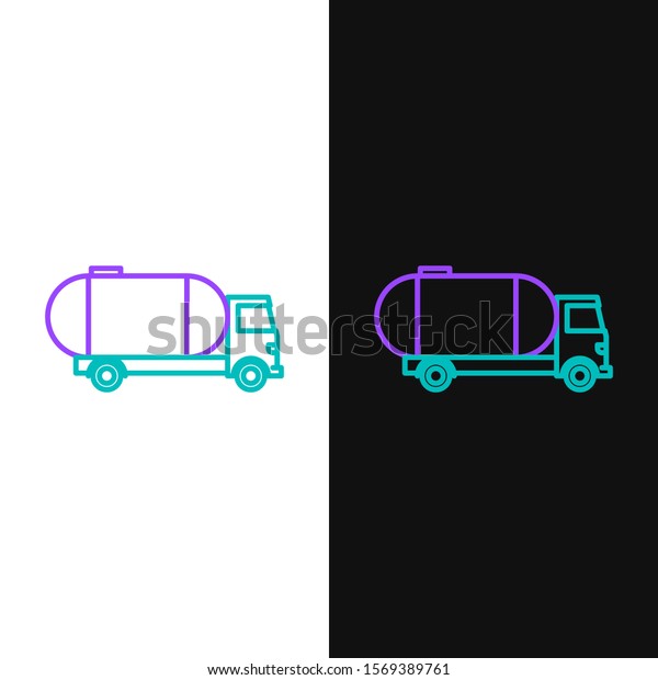 Green and purple line Tanker truck\
icon isolated on white and black background. Petroleum tanker,\
petrol truck, cistern, oil trailer.  Vector\
Illustration