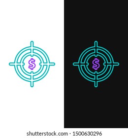Green and purple line Target with dollar symbol icon isolated on white and black background. Investment target icon. Successful business concept. Cash or Money sign.  Vector Illustration