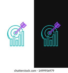 Green and purple line Target with graph chart icon isolated on white and black background. Report text file icon. Accounting sign. Audit, analysis, planning.  Vector Illustration