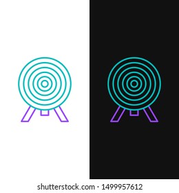 Green and purple line Target icon isolated on white and black background. Dart board sign. Archery board icon. Dartboard sign. Business goal concept.  Vector Illustration