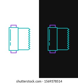 Green and purple line Textile fabric roll icon isolated on white and black background. Roll, mat, rug, cloth, carpet or paper roll icon.  Vector Illustration