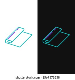 Green and purple line Textile fabric roll icon isolated on white and black background. Roll, mat, rug, cloth, carpet or paper roll icon.  Vector Illustration