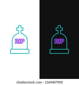 Green and purple line Tombstone with RIP written on it icon isolated on white and black background. Grave icon.  Vector Illustration