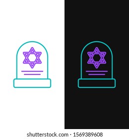 Green and purple line Tombstone with star of david icon isolated on white and black background. Jewish grave stone. Gravestone icon.  Vector Illustration
