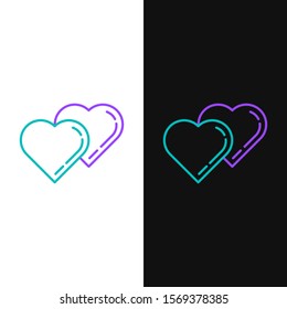 Green and purple line Two Linked Hearts icon isolated on white and black background. Romantic symbol linked, join, passion and wedding. Valentine day symbol.  Vector Illustration
