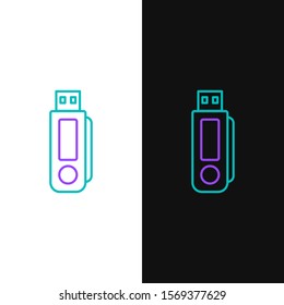 Green and purple line USB flash drive icon isolated on white and black background.  Vector Illustration