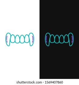 Green and purple line Vampire teeth icon isolated on white and black background. Happy Halloween party.  Vector Illustration