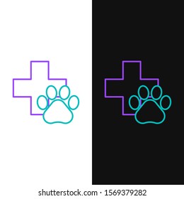 Green and purple line Veterinary clinic symbol icon isolated on white and black background. Cross hospital sign. A stylized paw print dog or cat. Pet First Aid sign.  Vector Illustration