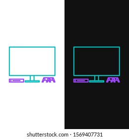 Green and purple line Video game console icon isolated on white and black background. Game console with joystick and lcd television.  Vector Illustration