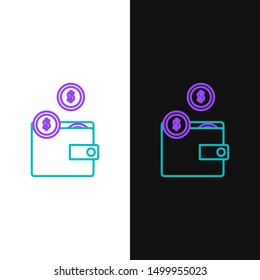 Green and purple line Wallet with coins icon isolated on white and black background. Purse icon. Cash savings symbol.  Vector Illustration