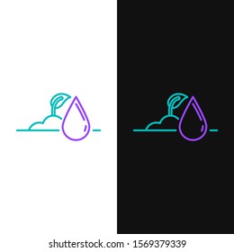 Green and purple line Watering sprout icon isolated on white and black background. Seed and seedling. Irrigation symbol. Leaf nature.  Vector Illustration