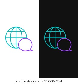 Green and purple line World map made from speech bubble icon isolated on white and black background. Global communication scheme on Earth.  Vector Illustration