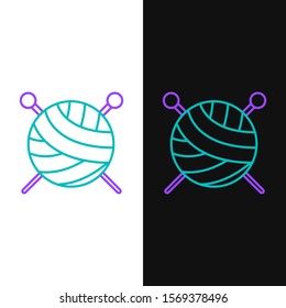 Green and purple line Yarn ball with knitting needles icon isolated on white and black background. Label for hand made, knitting or tailor shop.  Vector Illustration
