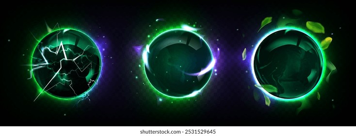 Grüne und violette magische leuchtende Bälle mit Lichteffekt. Realistische 3D-Vektorgrafik-Set von Fantasy-Power-Sphäre mit Blitz und Feuer Flammen, Plasma und funkelt. Fantasy-Blitzorb.