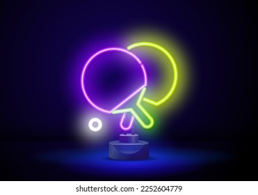 Green and purple neon ping pong racket with a ball. A neon-lit table tennis sign. neon tennis icon