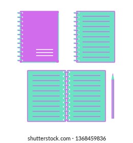 Green and purple note pads open and closed on a white background. Pencil. Set of icons in flat style. Vector illustration
