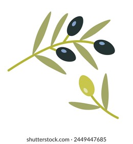 green and purple olive branch, cartoon style. Vector illustration isolated on white background, hand drawn, flat design.