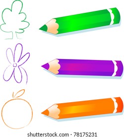 Green, purple and orange pencils, vector image