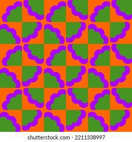 Green and purple petals on orange background. Pattern for fabric. Design for fabric pattern. Print for grift wrapping paper.