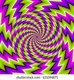 Green, purple and pink background with the rotating sphere. Spin illusion.