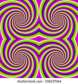 Green, purple and pink background with spirals. Optical expansion illusion. Seamless pattern.