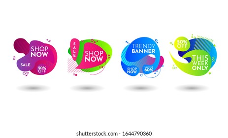 Green, purple, pink, blue geometric abstract elements set. Dynamical bright forms and lines. Template for design of logo, flyer, presentation, vector illustration. Elegant sale and discount promo