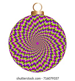 Green, purple and pink christmas ball with spirals. Motion illusion.