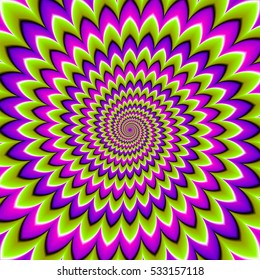 Green, purple and pink spirals. Motion illusion.