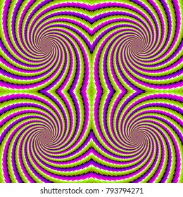 Green, purple and pink spirals. Spin illusion. Seamless pattern.