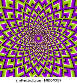 Green and purple shining flowe in techno style. Optical illusion of movement.