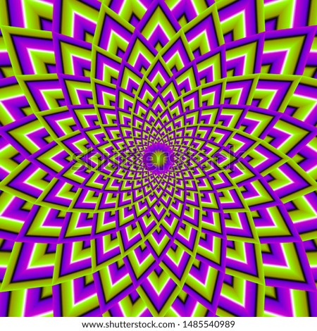 Green and purple shining flowe in techno style. Optical illusion of movement.