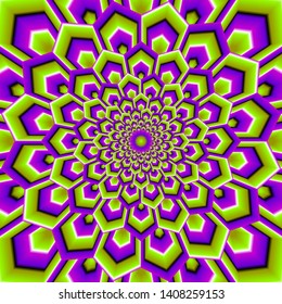 Green and purple shining flower in techno style. Optical illusion of movement.