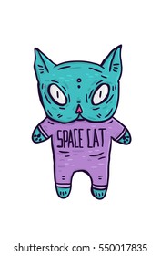 Green ?at in in purple space suit with big eyes like alien. Cat like astronaut.