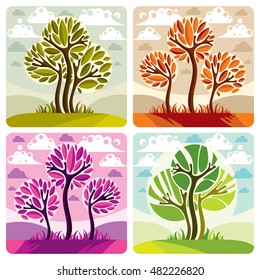 Green and purple trees placed on cloudy background. Environment and ecology idea vector image. Vector illustration of tree on beautiful spring landscape. 