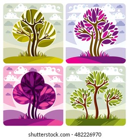 Green and purple trees placed on cloudy background. Environment and ecology idea vector image. Vector illustration of tree on beautiful spring landscape. 