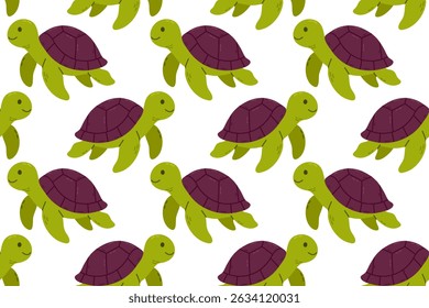 Green and purple turtles in seamless repeat on a white background, suitable for ocean-themed packaging or textile products