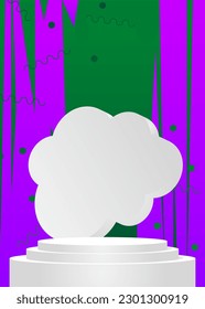 Green, purple and white cylinder pedestal podium. Abstract stage showcase with minimal geometric forms. Mockup product display, empty scene for presentation.