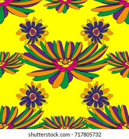 Green, purple and yellow background wallpaper illustration with abstract flowers and vintage paisley ornaments. Modern luxury texture for fabrics, textile. Vector floral seamless pattern.