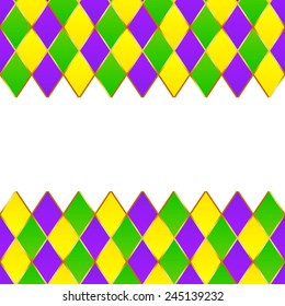 Green, purple, yellow grid Mardi gras vector pattern frame