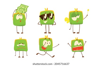 Green Purse with Funny Faces Set, Funny Pouch Emojis Cartoon Vector Illustration