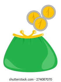 Green purse with three coins. Vector illustration