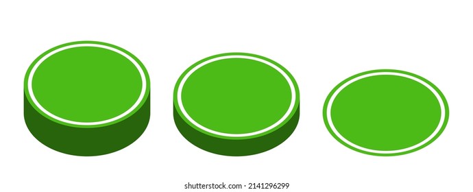 Green Push Button Badge Icon Set in 3D Style Perspective View. Vector Image.